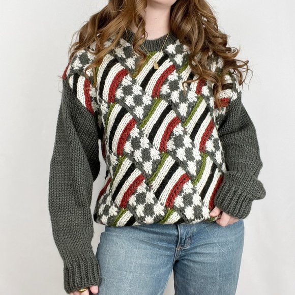 Vintage Chunky Knit Woven Plaid Argyle Striped Oversized Sweater Slouchy Cozy XL - Picture 4 of 8